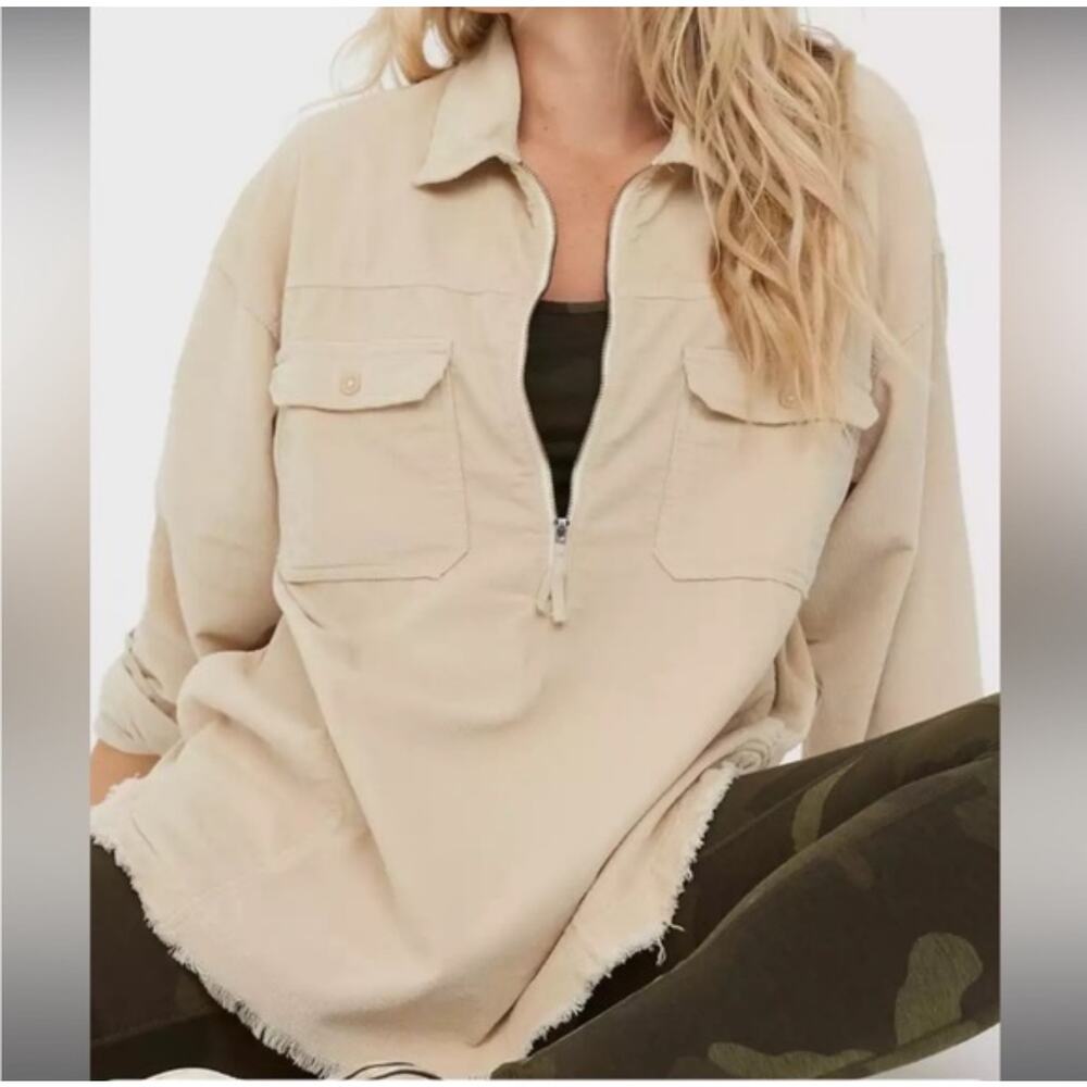 Aerie Offline Jacket Womens M Beige Corduroy Quater Zip Pullover Shacket Pockets